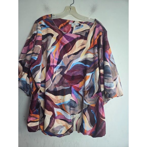 Chico's Tops - Chico's Blue Purple Cream Abstract Print 100% Cotton Bubble Hem Blouse  4/US XXL